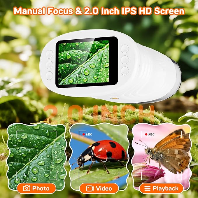 Handheld Microscope for Kids with 2" Screen, Pocket Microscope Magnifying Glass for Kids, Portable STEM Toys for Age 5 6 7 8 9 10 11 12, Photo & Video Edu Gift USB Rechargeable - White