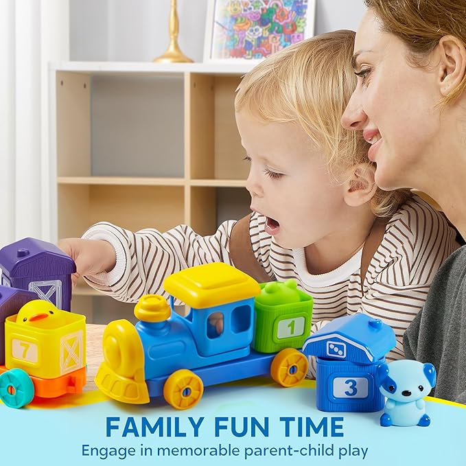 Learning Toy for Toddlers 1 2 3 Years Old, Counting, Matching & Sorting Montessori Learning Farm Train Including 9 Farm Animals and 1 Farmer, Easter Christmas Birthday Gift for Baby Boys Girls