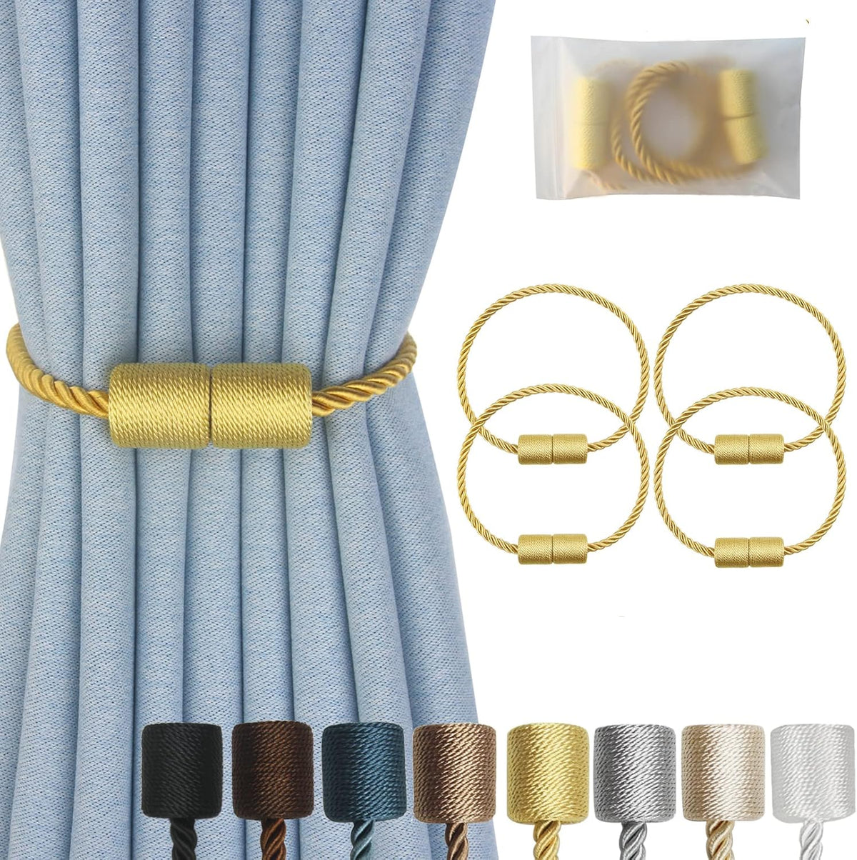 Magnetic Curtain Tiebacks 4 Pack Gold Curtain Rope Tieback Curtain Holders for Drapes Modern Tie Backs Decorative Curtain Holdbacks