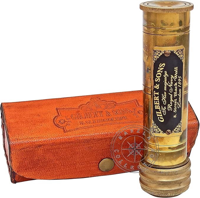 Gilbert & Sons Antique Brass Kaleidoscope Engraved Nautical Kids Gift with Leather Case Educational Gift Vintage Decor Collection