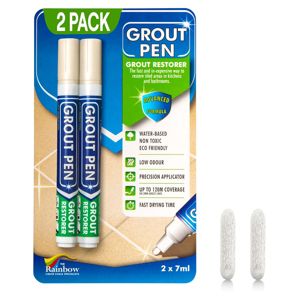 Grout Pen Cream Tile Paint Marker: Waterproof Grout Paint, Tile Grout Colorant and Sealer Pen - Narrow 5mm, 2 Pack with Extra Tips (7mL) - Cream