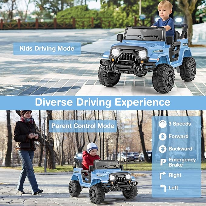 Costzon 12V Kids Ride on Truck Car, Electric Vehicle w/Remote Control, Threaded Wheels, 3 Speeds, LED Lights, Music, Horn & Wireless Connection, Battery Powered Ride on Toy for Boys & Girls 3+ (Blue)
