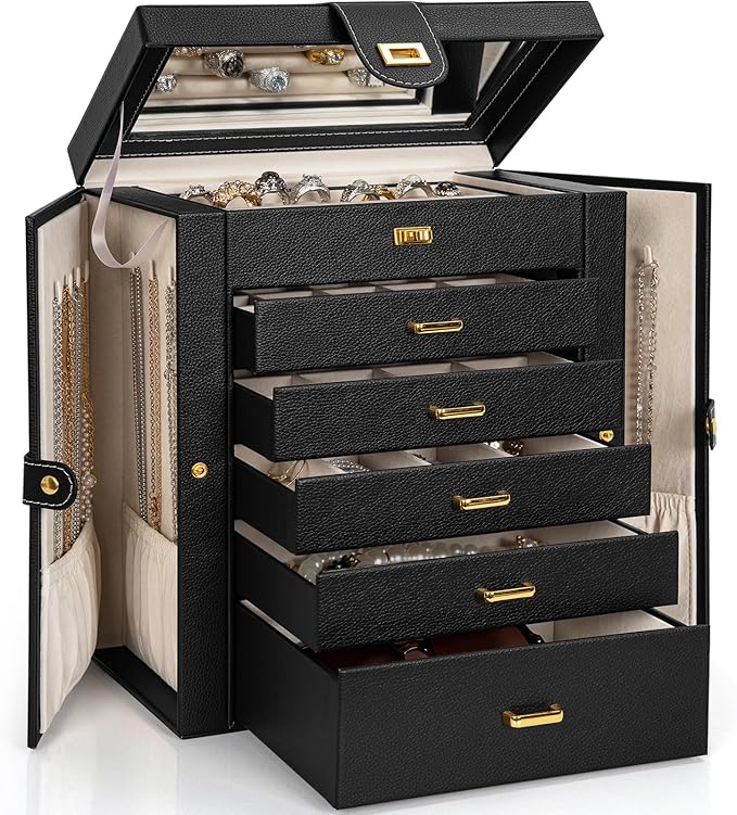 AKOZLIN Huge Jewelry Box Organizer Functional Lockable, Large Leather Jewelry Storage Case for Women Girls Ring Necklace Earring Bracelet Holder Organizer with Mirror