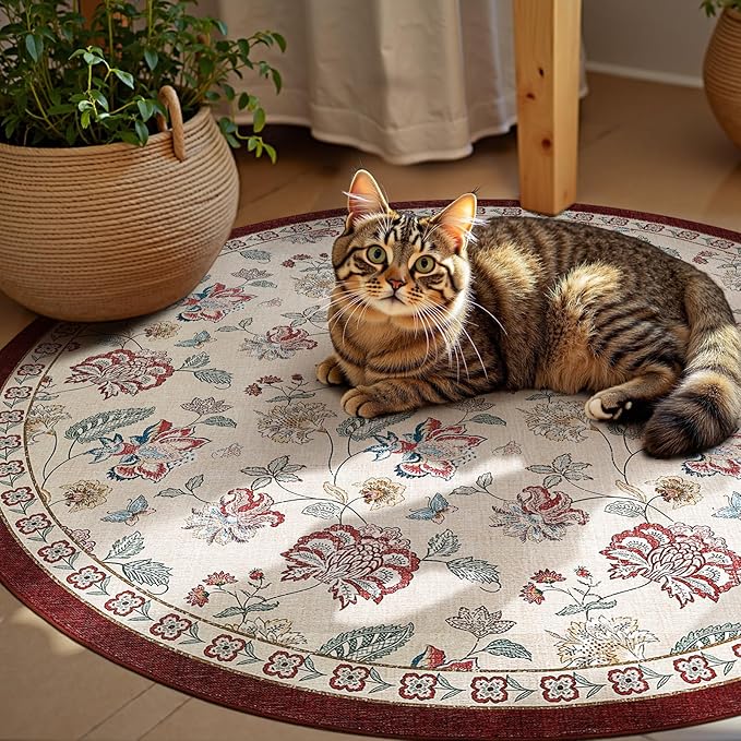 jinchan 4ft Floral Round Rug for Entryway Washable Kitchen Rug Vintage Romance Design Non Slip Indoor Doormat Lightweight Low-Profile Throw Carpet for Living Room Dining Room Bedroom, Red/Beige