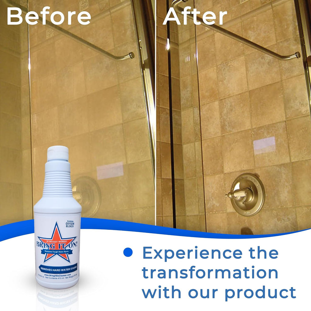 Bring It On Cleaner Hard Water Stain Remover for Glass, Soap Scum remover for Shower glass, Fiberglass, Windows, Tile & Grout, Water Spot Remover for Glass Door Bathroom, Lime Scale & Sink 32Oz 2Pack