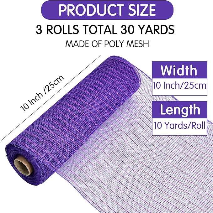 TONIFUL 10 Inch 3 Rolls Black/Orange/Purple Decorative Mesh Ribbons, Fabric Mesh for Tree Home Front Door Wreaths Decorations Supplies, for Halloween Decorations（3 Colors, 10yards/ roll）