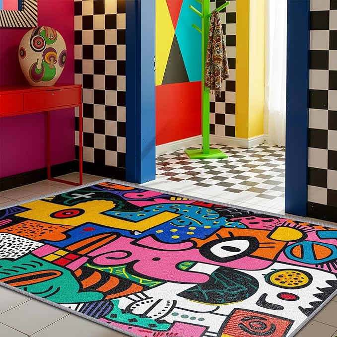 Abstract Rug - 8x10 Rug, Colorful Area Rugs,Pop Art Graffiti Multicolor Non Slip Shed Resistant Extra Large Carpets Home Decor
