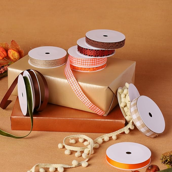 LaRibbons Fall Ribbons for Crafts 10 Rolls Harvest Craft Set for Wreaths, Thanksgiving Decor, Gift Wrapping, 3/8" + 5/8", 47 Yards