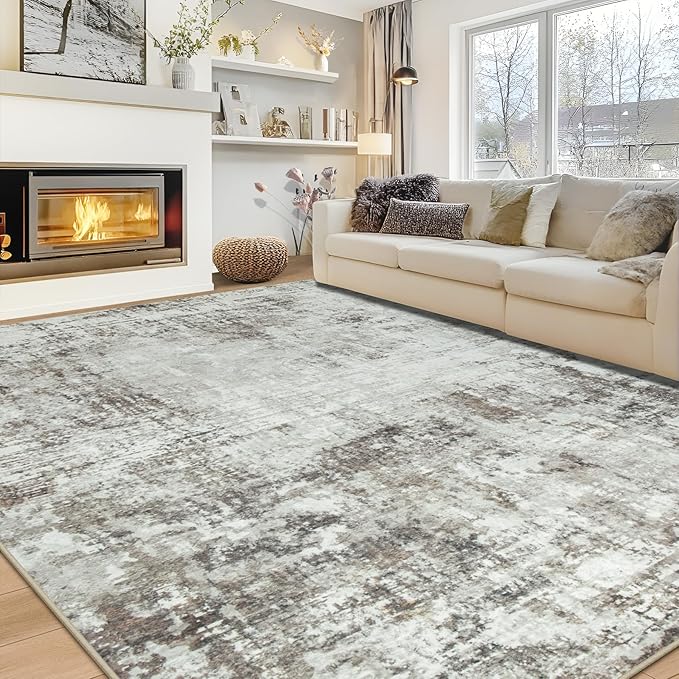 10x14 Area Rugs Large Living Room Rug Washable: Modern Abstract Rug Indoor Modern Carpet Non Slip for Dining Room Bedroom Nursery Home Office Brown Grey