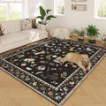 Rugcomf Living Room Rug 6x9 Rug Machine Washable Boho Area Rug Non Slip Floral Animal Cat Vintage Low Pile Large Rug for Living Room Bedroom Farmhouse Dining Room Kids Playroom, Black