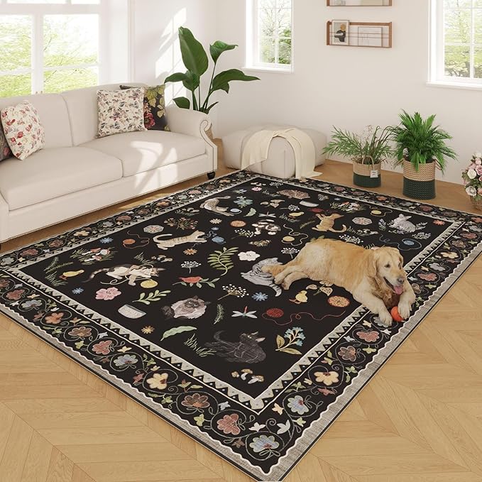 Rugcomf Living Room Rug 5x7 Rug Machine Washable Boho Area Rug Non Slip Floral Animal Cat Vintage Low Pile Large Rugs for Living Room Bedroom Farmhouse Dining Room Kids Playroom, Black