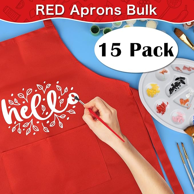 PLULON 12 Pcs Aprons for Kids Adjustable Kids Red Apron Bulk with Pocket Painting Aprons For Boys Girls Painting Cooking Baking (Red)
