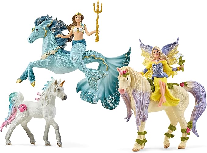 Schleich Bayala - 7 PC Mermaid, Unicorn and Fairy Toy Starter Set for Girls and Boys - Cute Fairies and Unicorn Figures with Accessories - Fantasy Figurine Animal Playset for Kids Ages 5+ - 72178