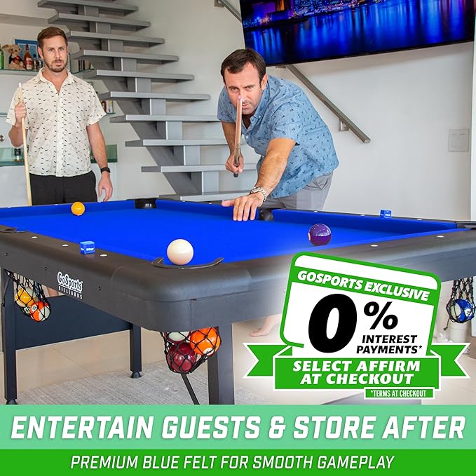 GoSports 6, 7, or 8 ft Billiards Tables - No Assembly, Choose Your Color - Portable Pool Table Includes Full Set of Balls, 2 Cue Sticks, Chalk and Felt Brush