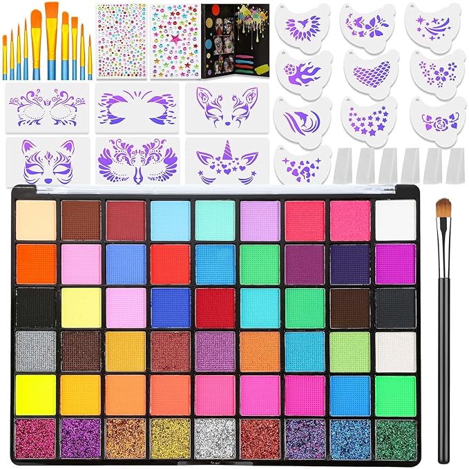 Professional Face Painting Kit for Kids and Adults – 54 Color Water Activated Cosplay Makeup Kit, Non-Toxic Body Paint with Stencils, Gems, Brushes– for Halloween FX, Bday Parties, School Event