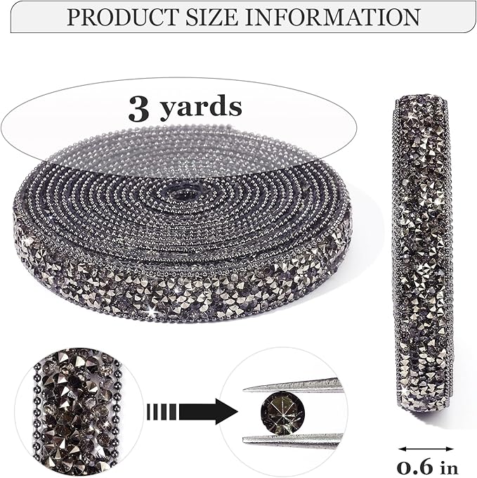 Rhinestone Ribbon 3 Yards Self Adhesive Rhinestone Strips Diamond Ribbon Sticker Crystal Roll Glitter Bling Rhinestones Tape for Crafting DIY Art Decoration (Jet Hematite,0.6 Inch)