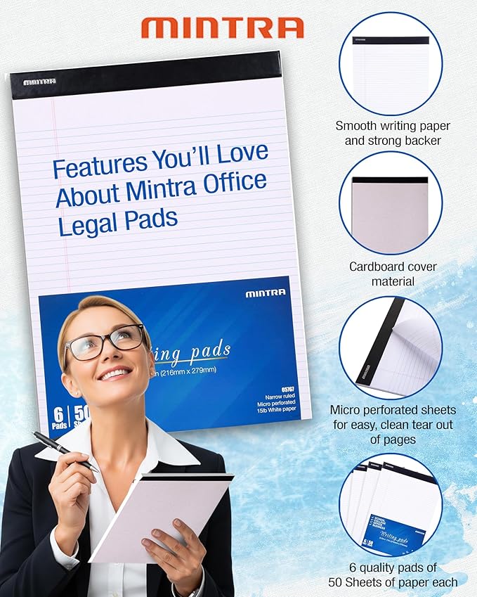 Mintra Office Legal Writing Pads – White Narrow Ruled Paper for Writing & Note-Taking – Ideal Notepads for Business, College, School & Office Use – 8.5" x 11" (6 Pack)