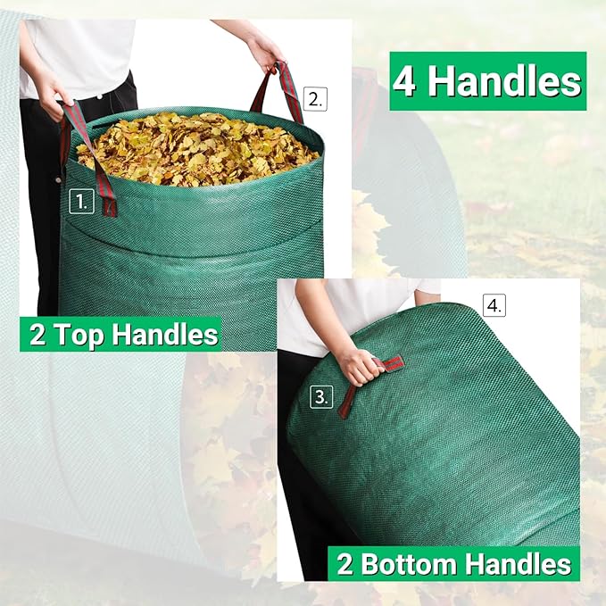 4 Pack 72 Gallons Reusable Yard Waste Bag, 4 Pack Upright Lawn Bags with 4 Handles, Lawn Leaf Bag, Heavy Duty Garden Bags, Large Leaf Containers for Gardening Debris, Waste Collection