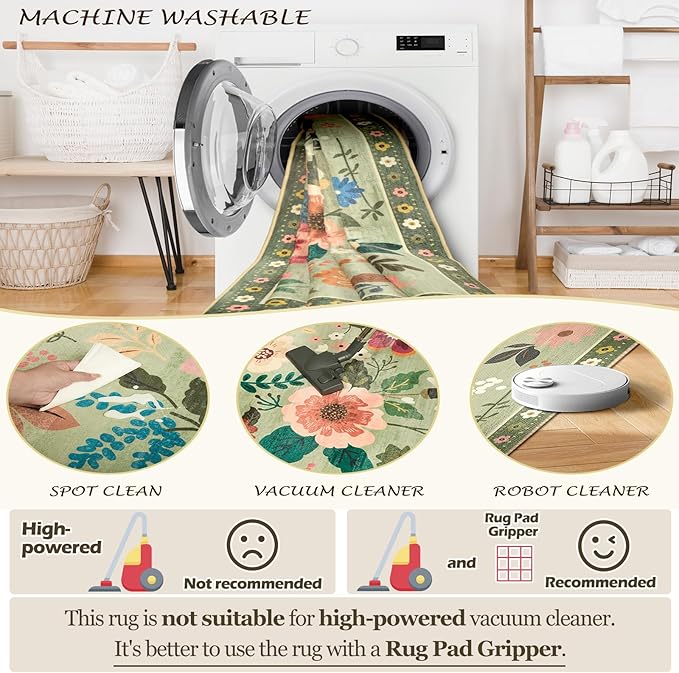 Floral 8x10 Area Rug Machine Washable Soft Print Boho Carpet Non Slip Doormat Low Pile Flower Area Rugs for Living Room Bedroom Nursery Kitchen Dining Room Indoor-Light Green