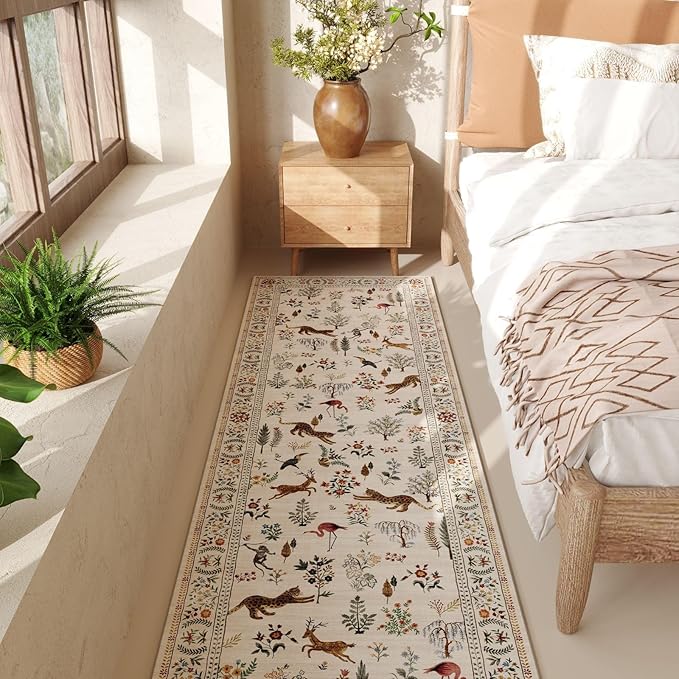 Rugcomf Runners for Kitchen Runner Rug Non Slip 2'x10' Long Washable Rugs with Rubber Backing Soft Floral Animal Carpet Runner for Kitchen, Laundry, Bedroom, Bathroom (Beige)