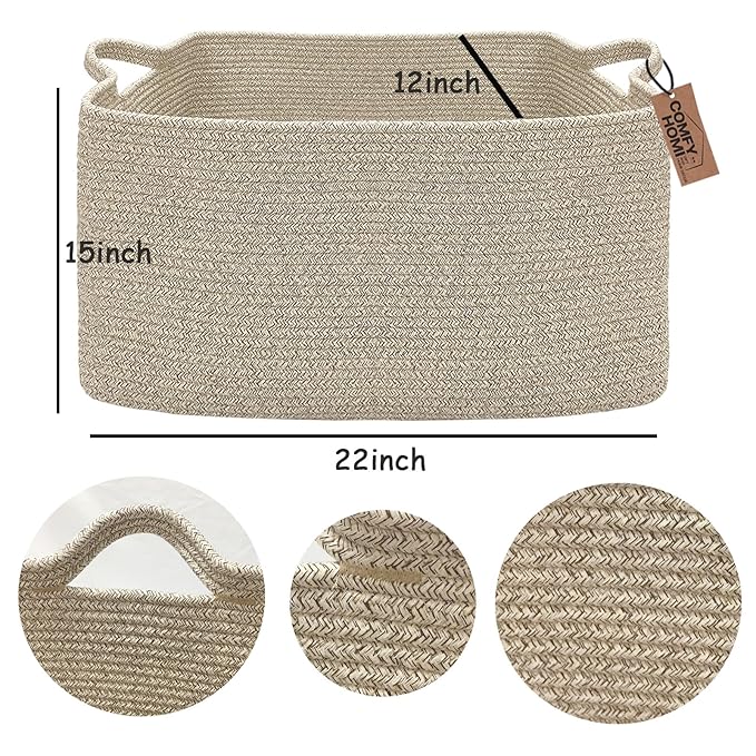 COMFY-HOMI Large Rectangular Blanket Basket, Woven Cotton Rope Baskets for Storage, Laundry Hamper Basket, Storage Bin,Toy Organizing Bin with Handle, Organization and Storage-22x15x12”-Brown