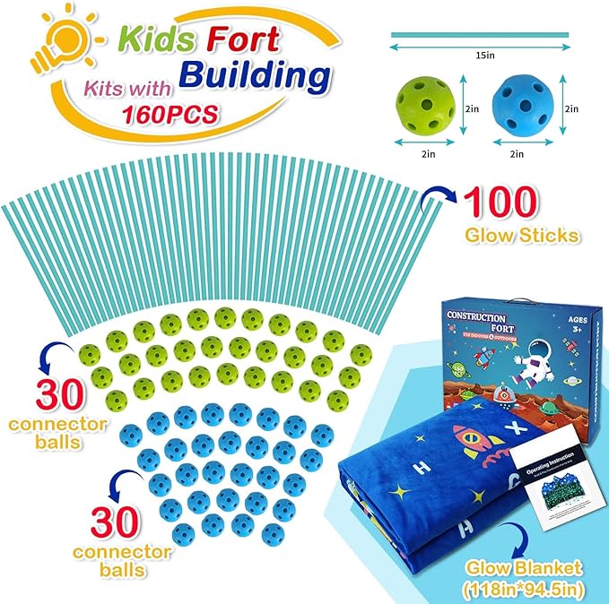 160PCS Kids Fort Building Kit Glow in the Dark Build a Fort with Blanket STEM Educational Toys for 4 5 6 7 8 9 10 11 12 Years Boys Girls Ultimate Construction Gift DIY Forts Builder Set Indoor Outdoor