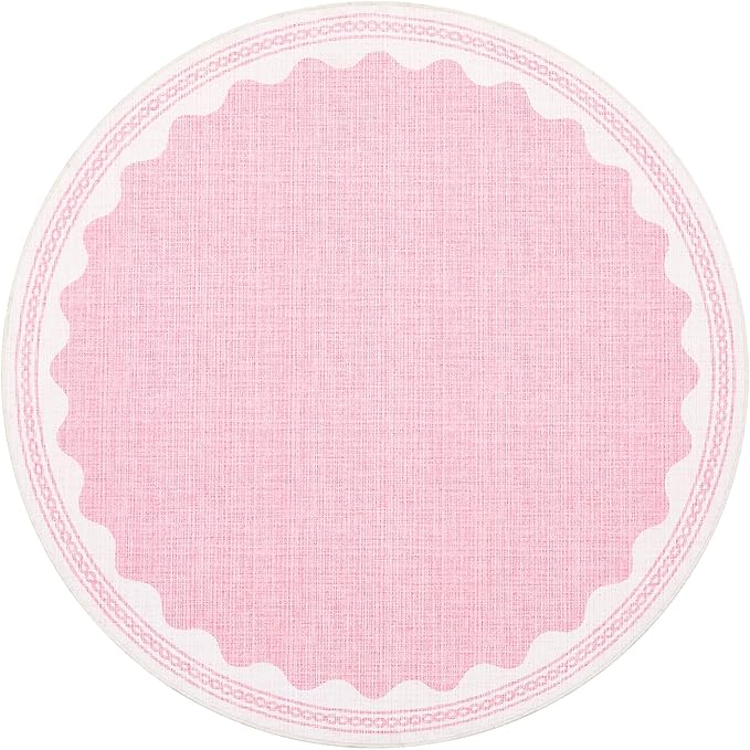 Scalloped Round Rug 6ft, Small Area Rugs Solid Pink Rug for Bedroom Girls, Washable Rugs for Living Room, Non Slip Scalloped Round Bath Mat, Soft Dorm Nursery Carpet for Bedside