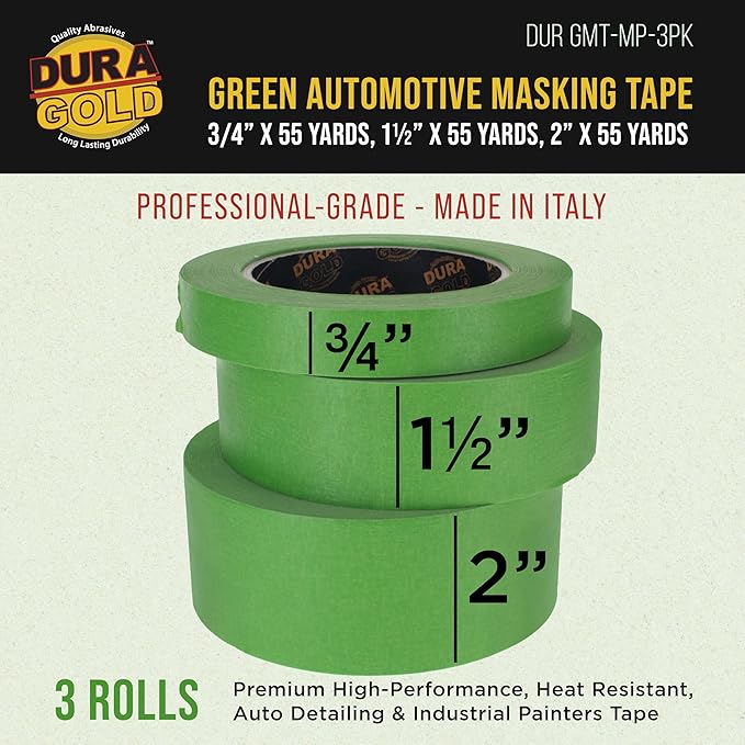 Dura-Gold Green Automotive Masking Tape 3/4, 1-1/2, 2 Inch (0.7", 1.41", 1.88" x 55 Yards), 1 Roll Each - High-Performance, Heat Resistant - Auto Refinish Painting Car Detailing Autobody Painters Tape
