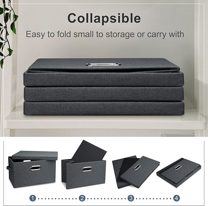 Medium 15" 21 Quart Collapsible Stackable Storage Bins with Lids, 5 Packs Dark Gray Foldable Fabric Closet Storage Boxes with Lids, Lidded Heavy-duty Linen Baskets(15x11x8)