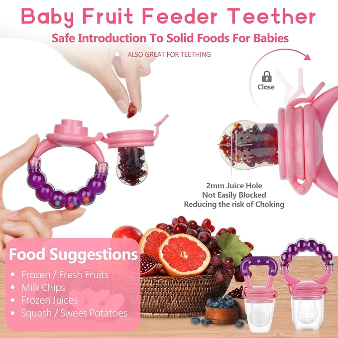 WAJIAYON Baby Fruit Feeder Pacifier - 12 Pack | 2 Infant Food Feeder Pacifier & 1 Baby Food Dispensing Spoon | Fresh Fruit Teethers for Babies | Silicone Feeder Babies,Infant Teething Feeders (Pink)