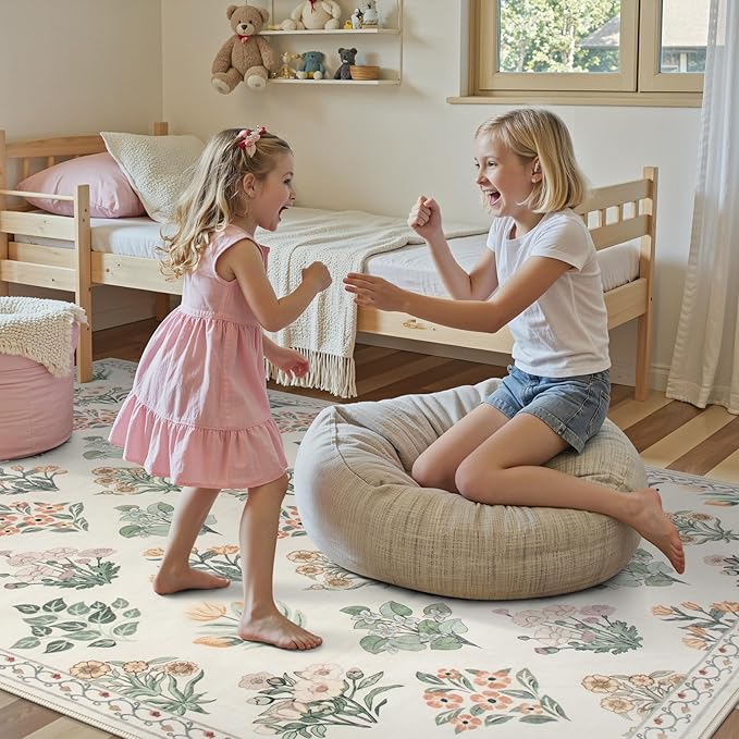 Wonnitar Nursery Rug for Baby Girl, Washable Moroccan Floral 5x7 Rug, Ultra-Thin Non Slip Neutral Flower Print Carpet for Living Room Kids Room Dorm Home Decor, Cream Beige