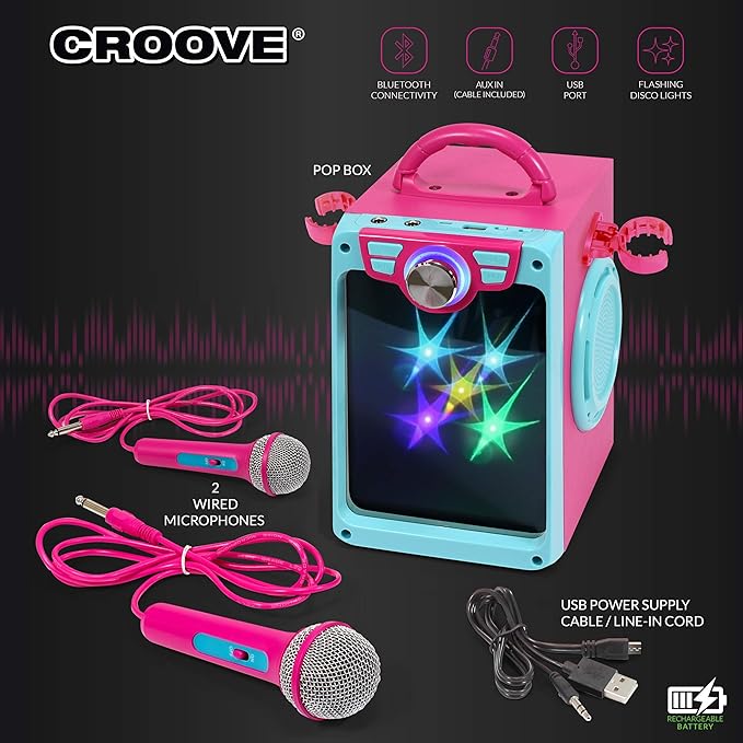 Rechargeable Kids Karaoke Machine for Girls, Pink Portable Karaoke Set, Gift for Girl Speaker with 2 Microphones & Lyrics Display - Bluetooth/AUX/USB, Best Birthday Gifts For Girls Ages 8 9+ Years Old