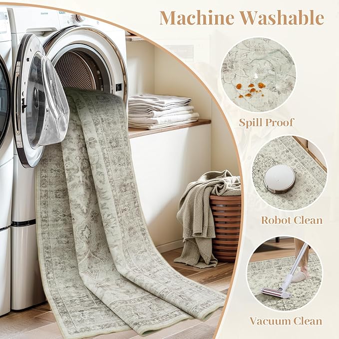 LIVEBOX Washable 2x6 Runner Rug for Bathroom, Non Slip Kitchen Mats for Floor Entryway, Boho Indoor Front Door Mat Low-Pile Runners for Hallways, Farmhouse Rugs for Bath Laundry, Taupe