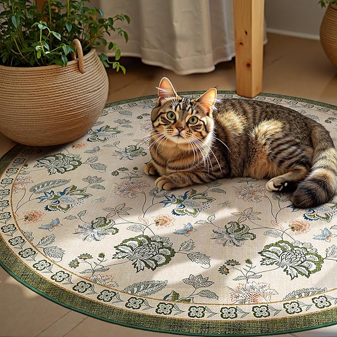 jinchan 5ft Floral Round Rug for Entryway Washable Kitchen Rug Vintage Romance Design Non Slip Indoor Doormat Lightweight Low-Profile Throw Carpet for Living Room Dining Room Bedroom, Green/Beige