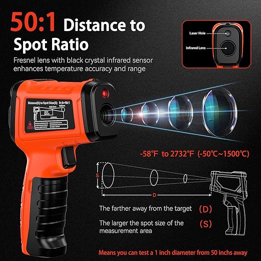 -58°F to 2732°F Infrared Thermometer Temperature Gun with Thermocouple Probe, 50:1 Laser Temperature Gun for Humidity Measurement, BBQ, AC, High Temp Gun for Engine, Kiln, Forging, Industrial Use