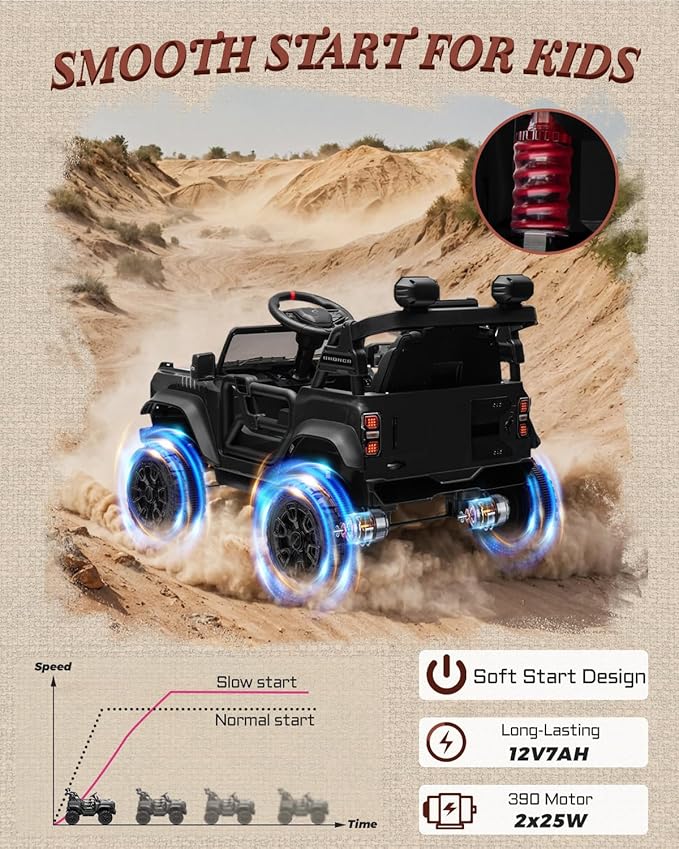 12V Ride on Toys for Kids, Licensed Ford Bronco Raptor Children Electric Vehicles, Toddler Battery Powered Car with Double Doors, 3 Point Safety Belt, Led Lights (12V, Black)