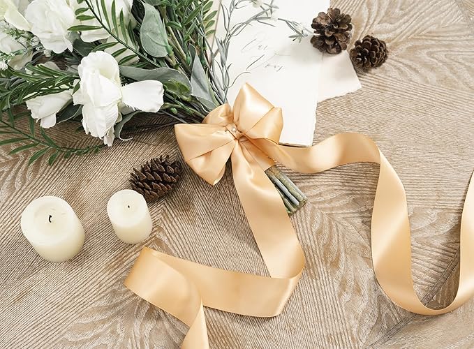 Champagne Satin Ribbon 1-1/2 Inch 50 Yards Double-Faced Polyester Ribbons for Hair Bows Gift Wrapping Crafts Floral Bouquet Wedding Invitations