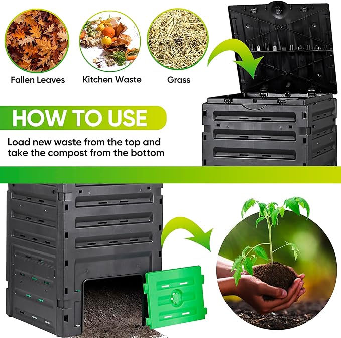 120 Gallon (450L) BPA Free Garden Compost Bin - Easy Assembly, Aerating Outdoor Compost Box for Fast Fertile Soil Creation