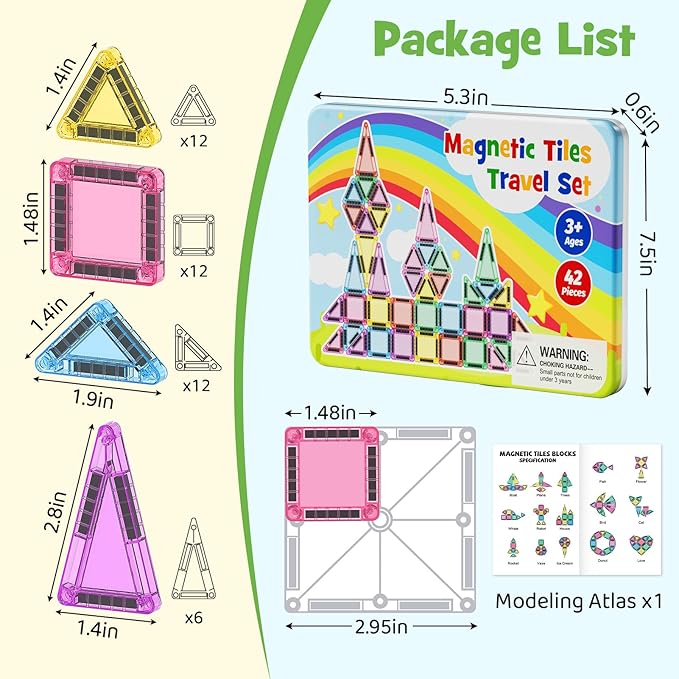 Magnetic Tiles Travel Toys for Kids 4-8, 42PCS Candy Color STEM Building Blocks with Visual Storage Guide & Metal Case, Airplane Activities & Toddler Travel Essentials Ages 3-5