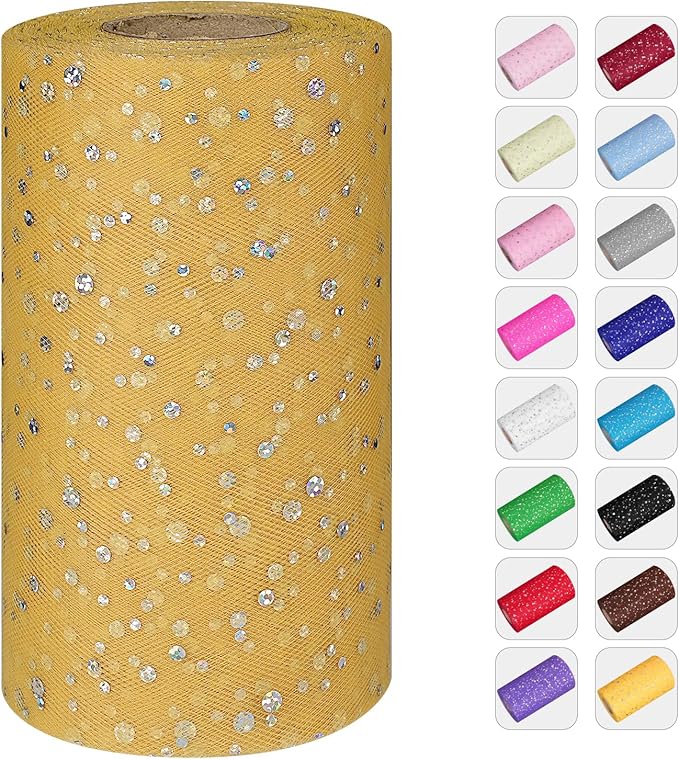 Glitter Tulle Rolls, 6” by 50 Yards (150FT) Sequin Tule Netting Fabric Tulle for Tutu Skirts Sewing Birthday Wedding Party Decoration (Gold)