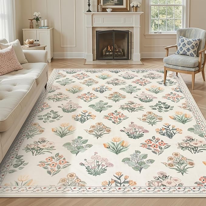 Wonnitar Floral Washable 8X10 Area Rugs, Soft Large Rugs for Living Room, 8 x 10 Low Pile Non Slip Moroccan Bedroom Carpets for Nursery Kids Room Decor Dining Room, Cream Beige
