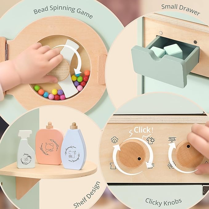 Wooden Washer-Dryer Playset for Kids – 2-in-1 Laundry Center Toy, Dual-Opening Doors, Spinning Drum & Click-Knobs, Basket + Iron Accessories – Montessori Pretend Play Gift Ages 3-6