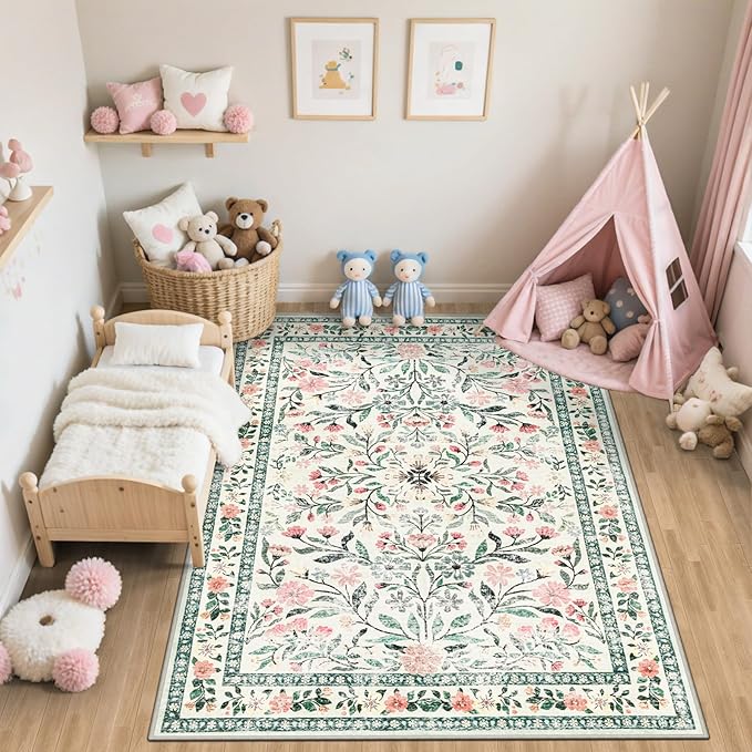 6x9 Area Rugs for Living Room: Floral Washable Rug Vintage Large Soft Boho Non-Slip Carpet Indoor Stain Resistant Thin Carpets for Bedroom Dining Room Farmhouse Nursery Hallway Home Office Green Beige