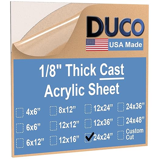 Duco USA-Made Clear Cast Acrylic Sheet 1/8 Inch Thick 24" x 24" - 1 Pack of Transparent Plexiglass Sheet - Lightweight Acrylic Board for Window Replacements, Displays, Signs, and More