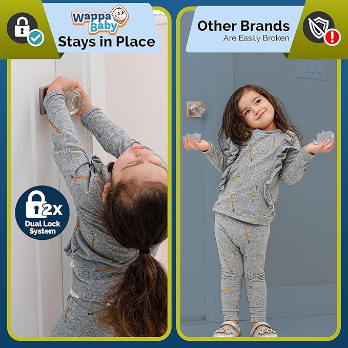 Child Safety Door Knob Cover (4 Pack) Hard-to-Remove Dual-Lock Door Handle Covers for Kids - Reusable Baby Proof Door Knob Locks - Installs Easily, No Tools Needed (Clear)