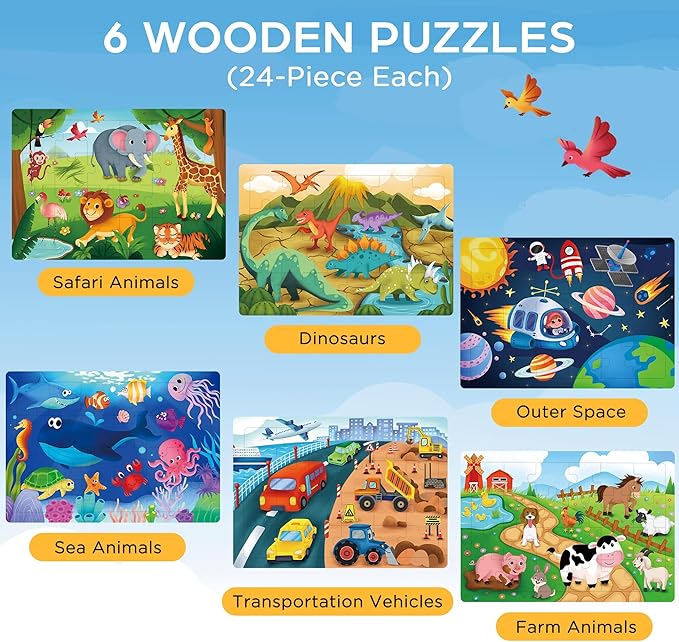 BenBen Puzzles for Kids Ages 4-6, 6 Pack 24 Piece Wooden Jigsaw Puzzles for Toddlers Ages 3-5, Preschool Learning Educational Toys for Boys Girls