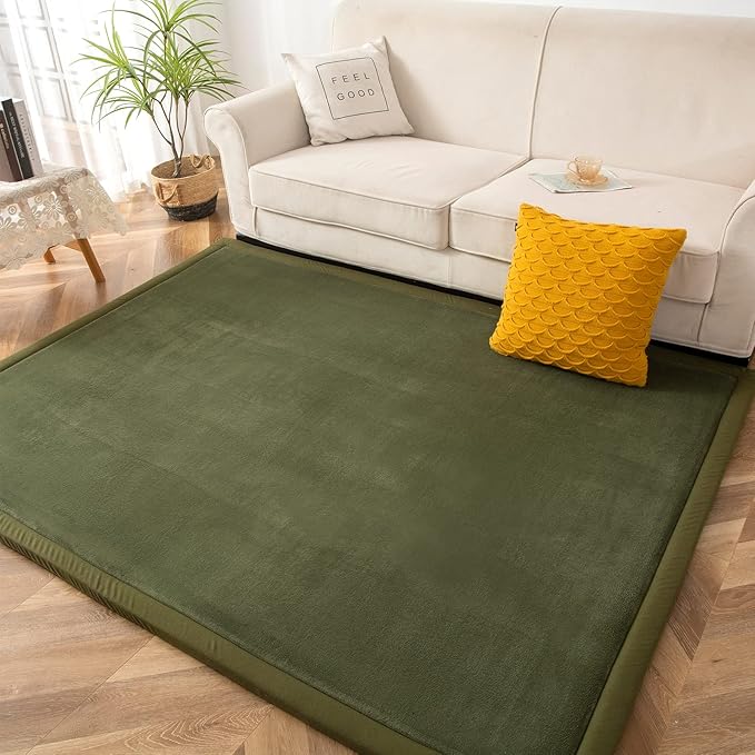 MAXYOYO Coral Velvet Area Rug, Thick Japanese Tatami Mat Living Room Carpet with Non-Slip Backing, Large Solid Color Mat for Bedroom Dormitory Yoga, Olive Green, 78 by 78 inch