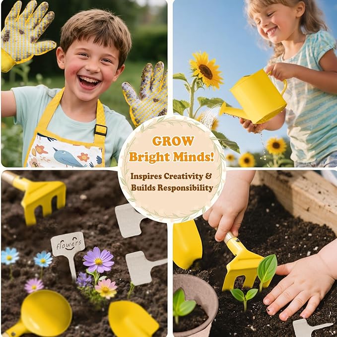Kids Gardening Tool Set 18PCS Kids Toddler Gardening Set Includes Tote Bag Watering Can Apron Hat Rake Shovel Spoon Gloves Plant Pots and Labels, Outdoor Toys Gift for Boys Girls (Yellow)