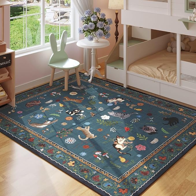 Rugcomf Bedroom Rug 3x5 Rug Washable Area Rug Non Slip Low Pile Boho Floral Animal Cat Small Carpet for Bedside Kitchen Entryway Kids Room Office College Dorm Essentials for Girls, Pearl Gentian Blue