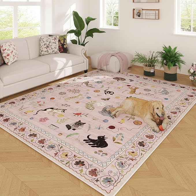 Rugcomf Area Rugs 8x10 Rug for Living Room Clearance Washable Boho Area Rug Non Slip Floral Animal Cat Vintage Low Pile Large Rug for Living Room Bedroom Farmhouse Dining Room Kids Playroom, Pink